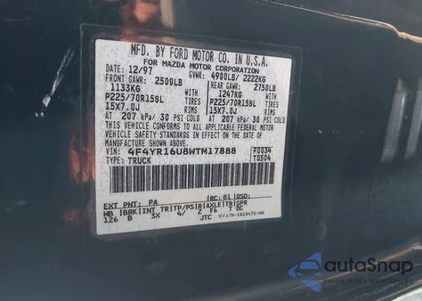 1998 Mazda B3000 Se z USA, uszkodzony, nr VIN 4F4YR16U8WTM17888